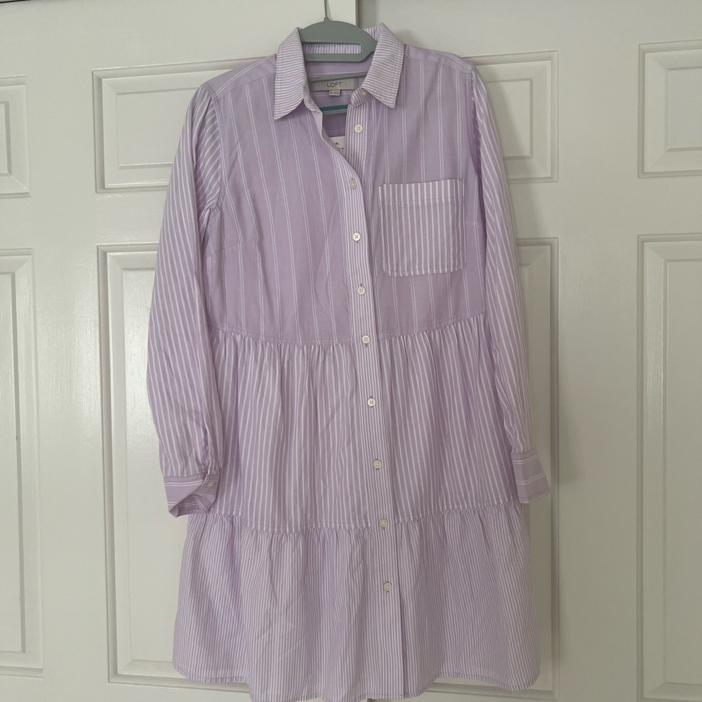 Loft Lavender Striped Button-Down Dress